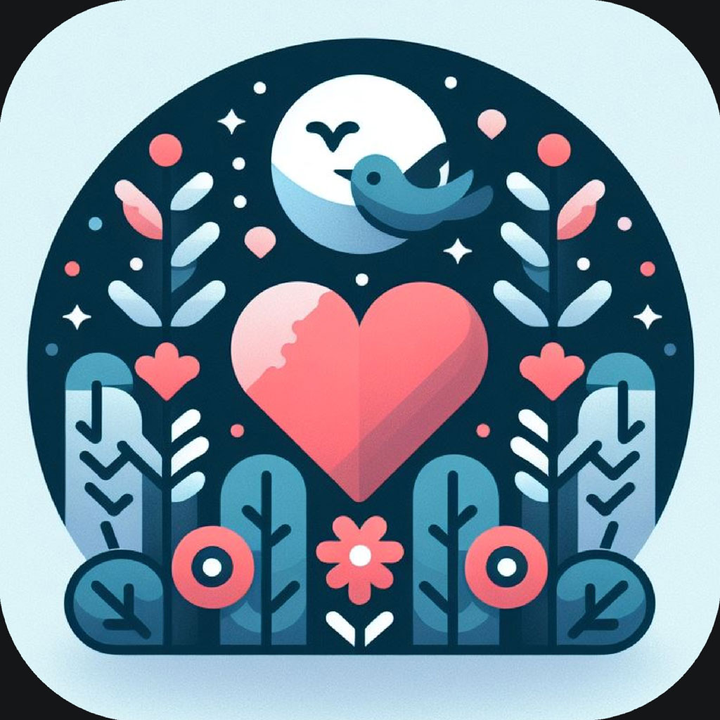 Icon with heart, flowers, and bird under the moon