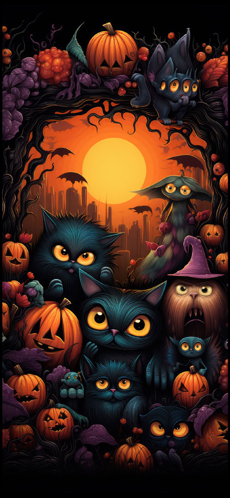 Halloween illustration with black cats and pumpkins