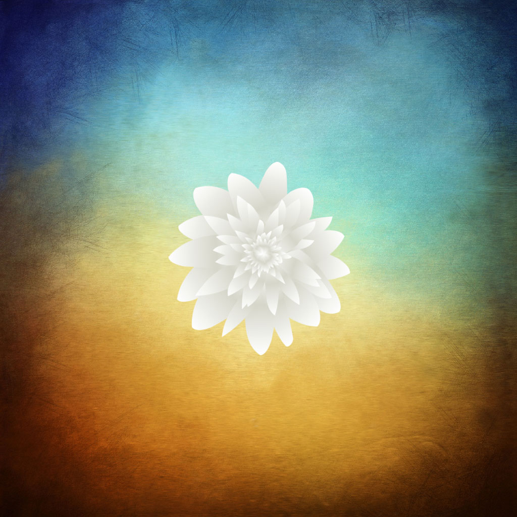 Curved text with a white flower on a blue and yellow gradient background
