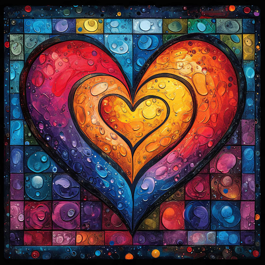 Stained glass heart artwork with a mosaic background