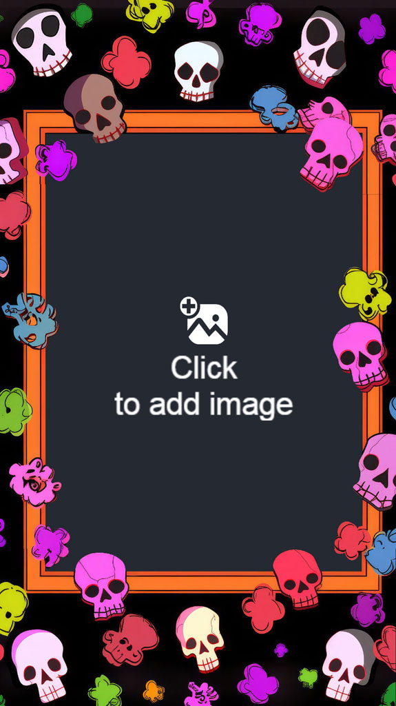 A blackboard frame with orange border surrounded by colorful skulls and shapes.