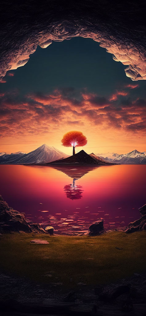 A surreal landscape with a tree on an island in a lake, surrounded by mountains and a vibrant sky.