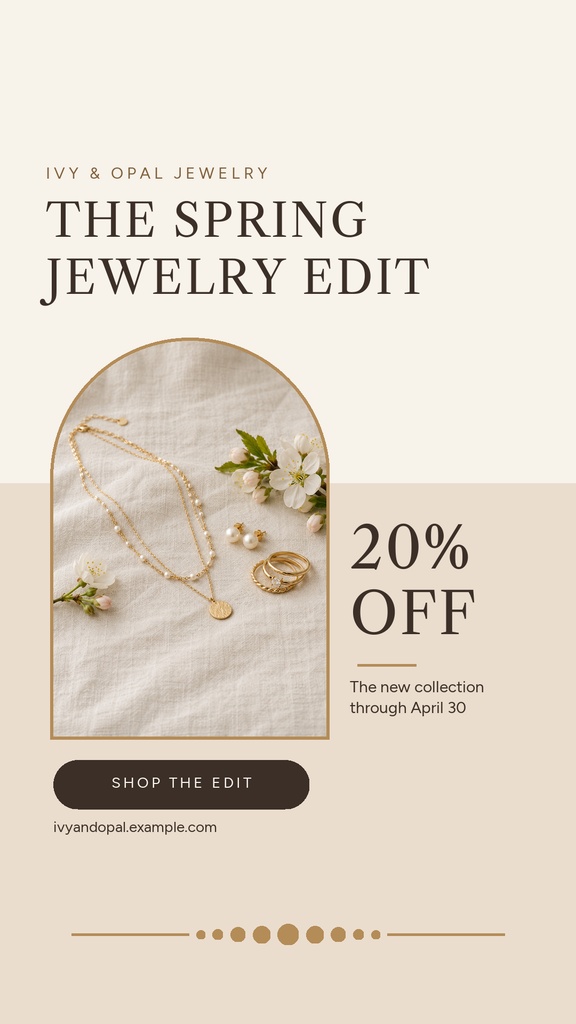 Instagram story template with spring jewelry jewelry, 20% off text, and a boutique-style layout.