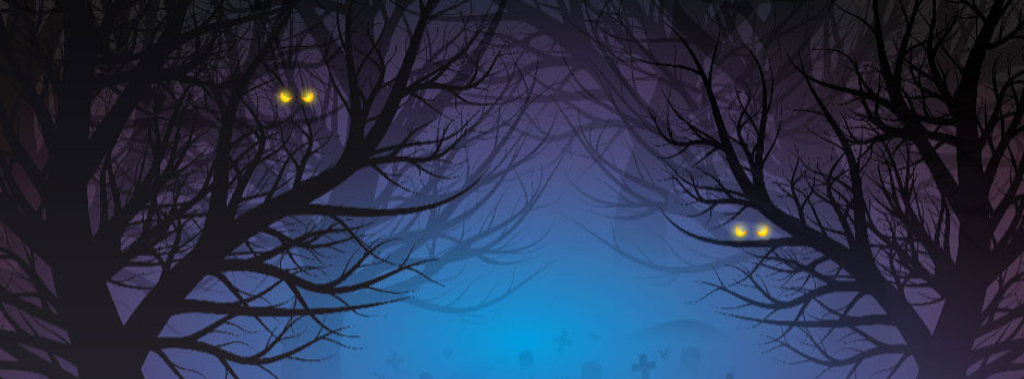 A dark forest with bare trees and glowing eyes in the distance