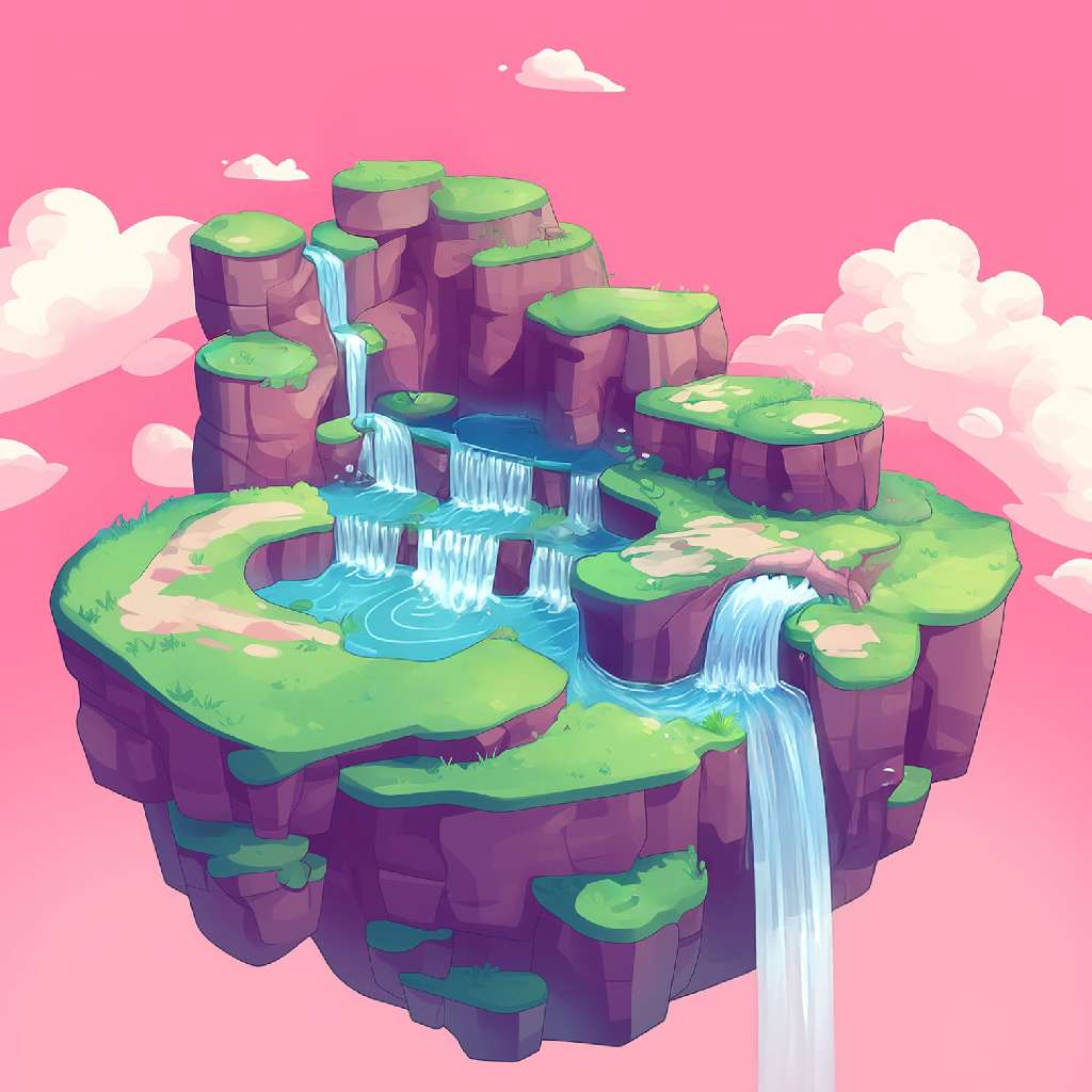 A cartoon-style illustration of a floating island with cascading waterfalls and green patches on a pink background.