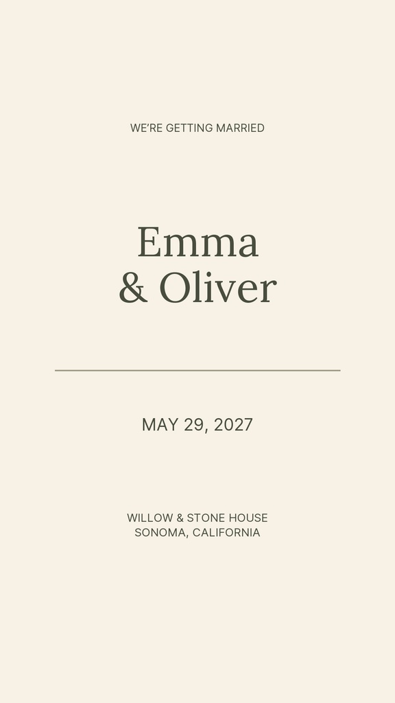 Minimalist ivory wedding story opener with Emma and Oliver, date, and venue details.