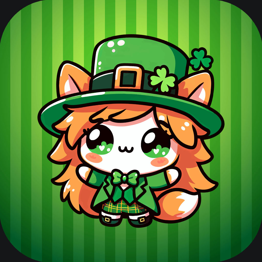 Cartoon cat wearing a green leprechaun hat and outfit with shamrocks on a striped green background.