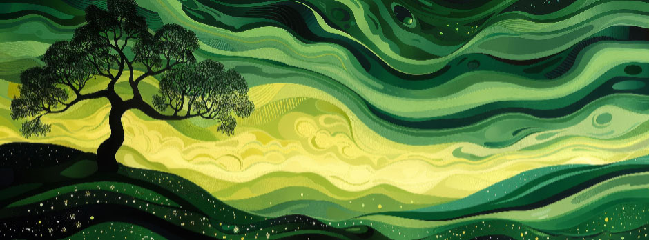 Digital art of a tree on a hill with swirling green and yellow patterns.