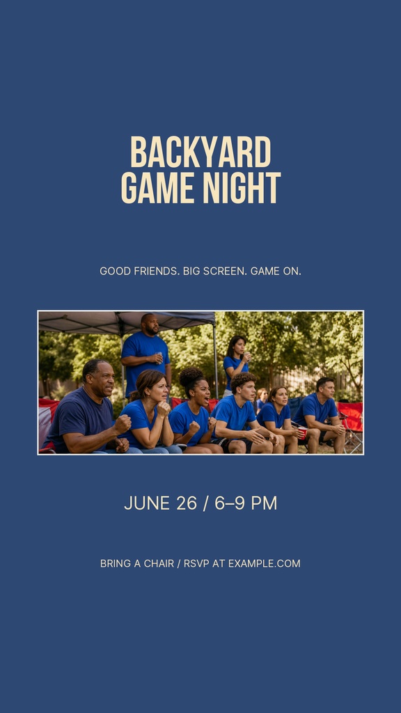 Portrait Instagram story template with backyard game night text and a seated crowd photo.