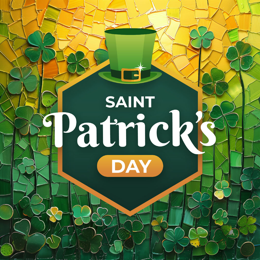 Mosaic artwork for Saint Patrick's Day with a green leprechaun hat and shamrocks