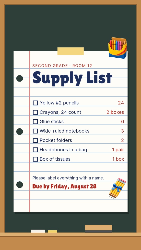 Classroom chalkboard-style supply list poster with school supplies and due date.