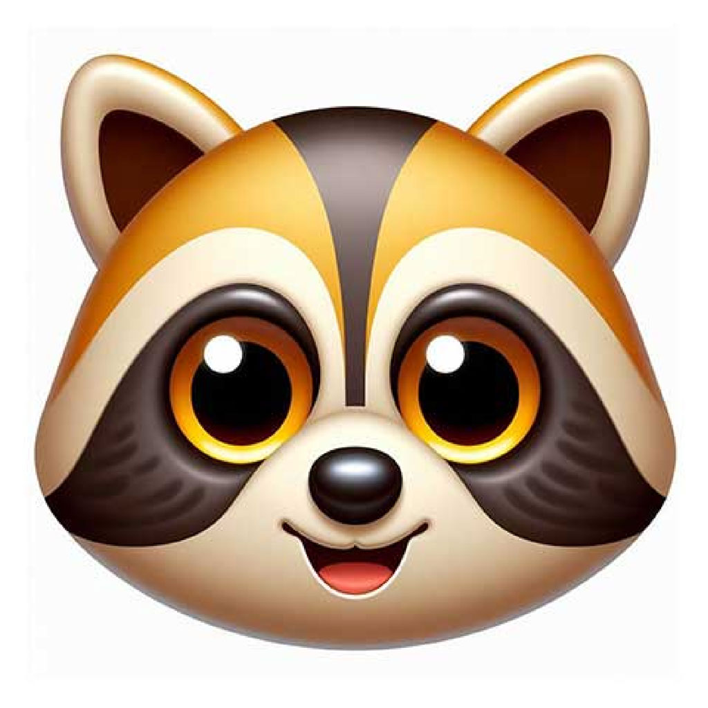 A cartoon raccoon face with large eyes and a smile