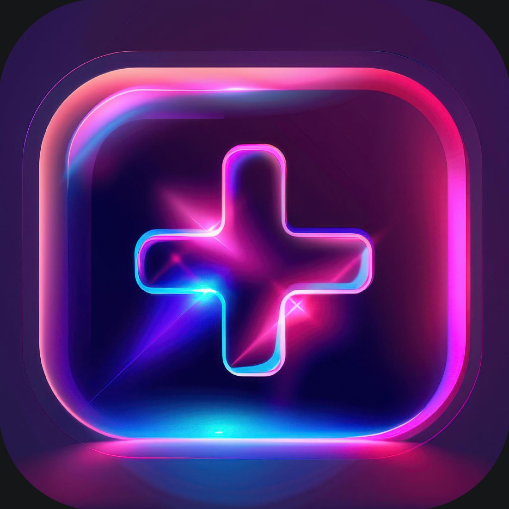 Neon plus icon in a rounded square frame