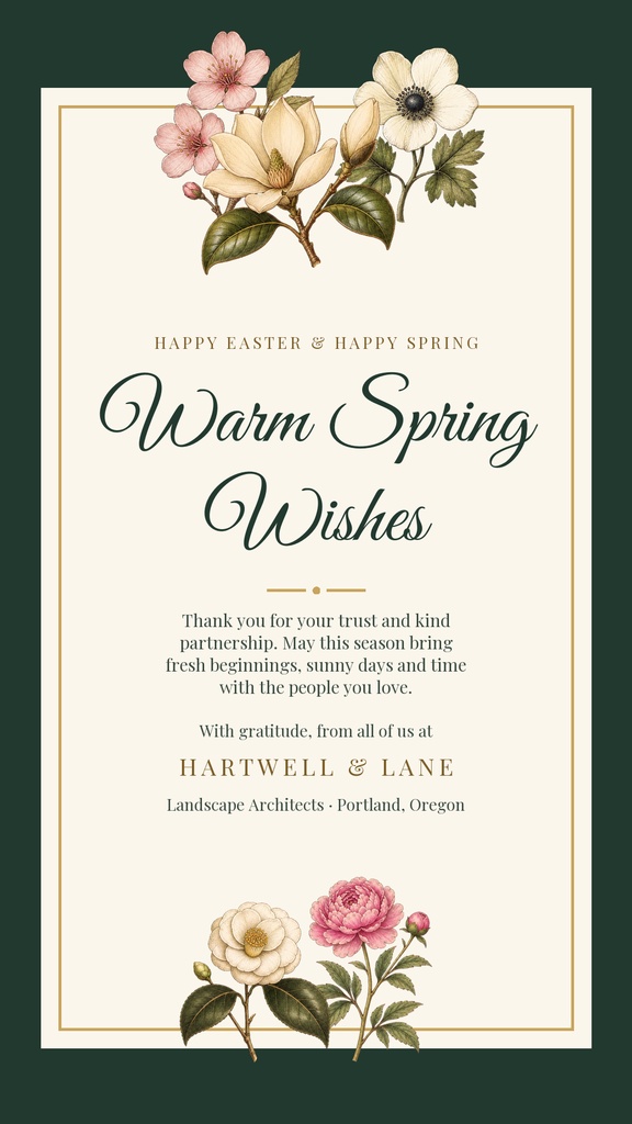 Vertical spring greeting card with flowers at the top and bottom and gold border.
