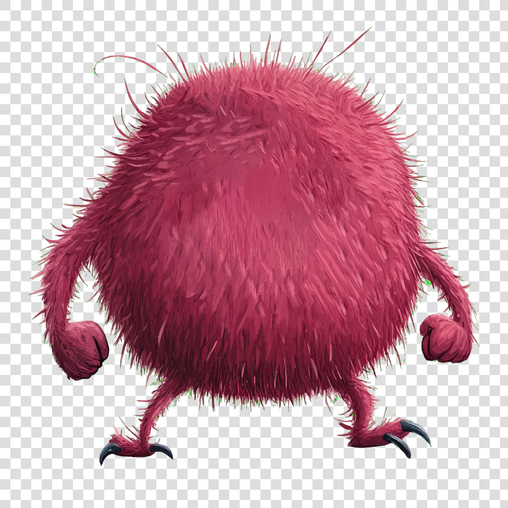 A pink, fuzzy monster with sharp claws and a round body.
