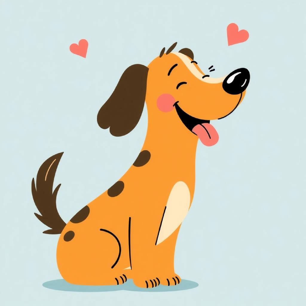 A cartoon dog with a big smile and hearts floating above its head