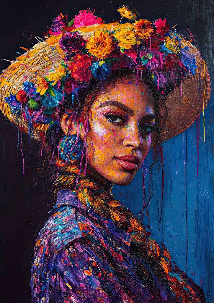 A woman in a colorful outfit and a large straw hat decorated with flowers