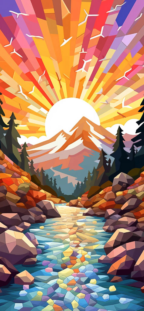 A stylized illustration of a mountain range with a rising sun and a river flowing through rocks.