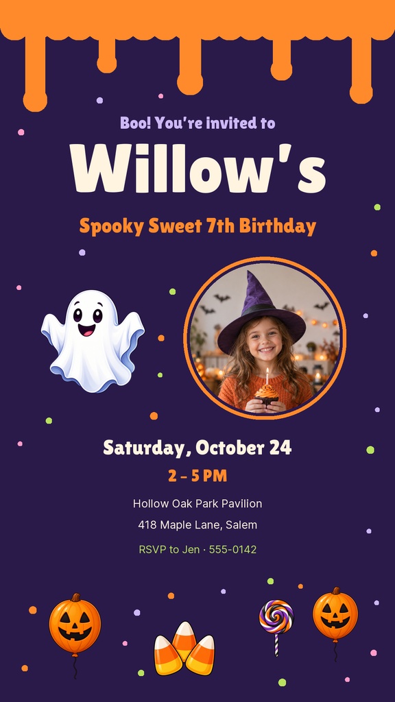 Halloween birthday story template with orange drips, ghosts, candy, and a child in a witch hat.