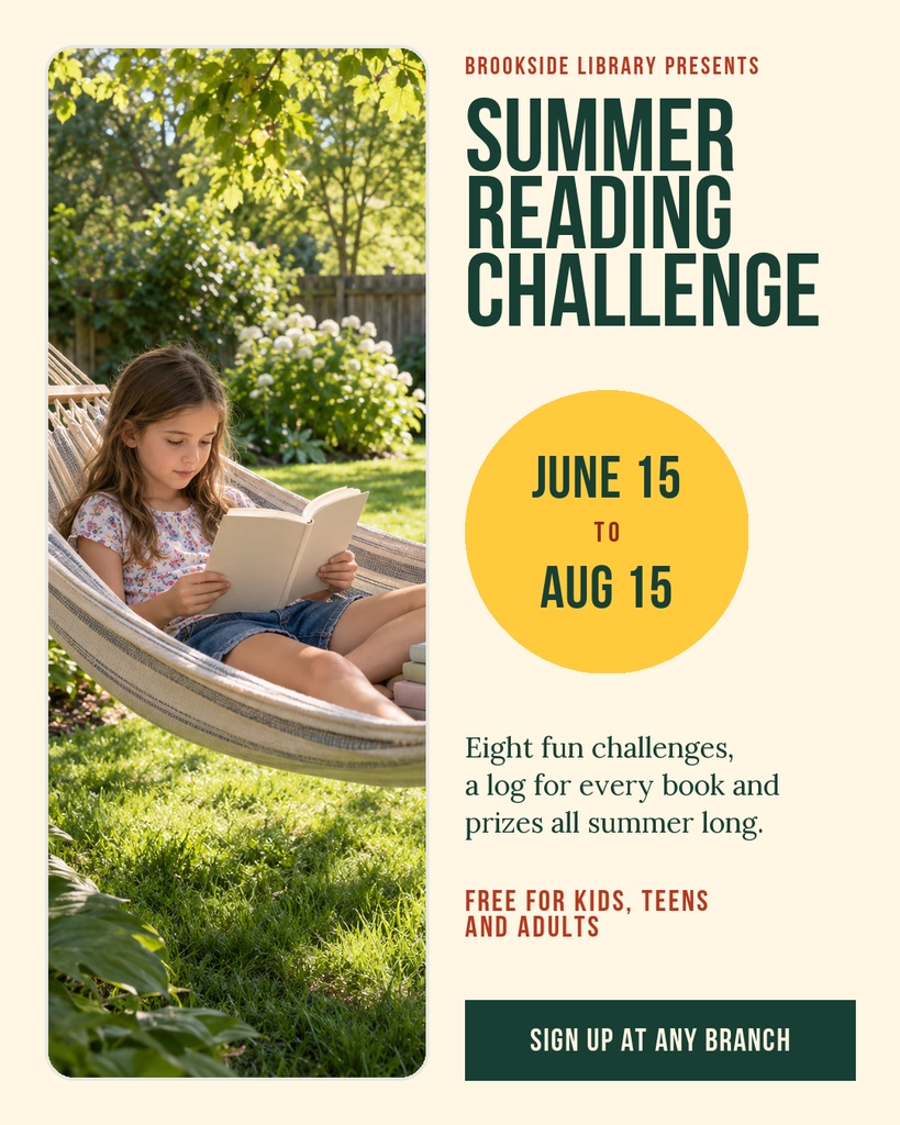 Portrait library poster with a girl reading in a hammock and summer reading challenge details.