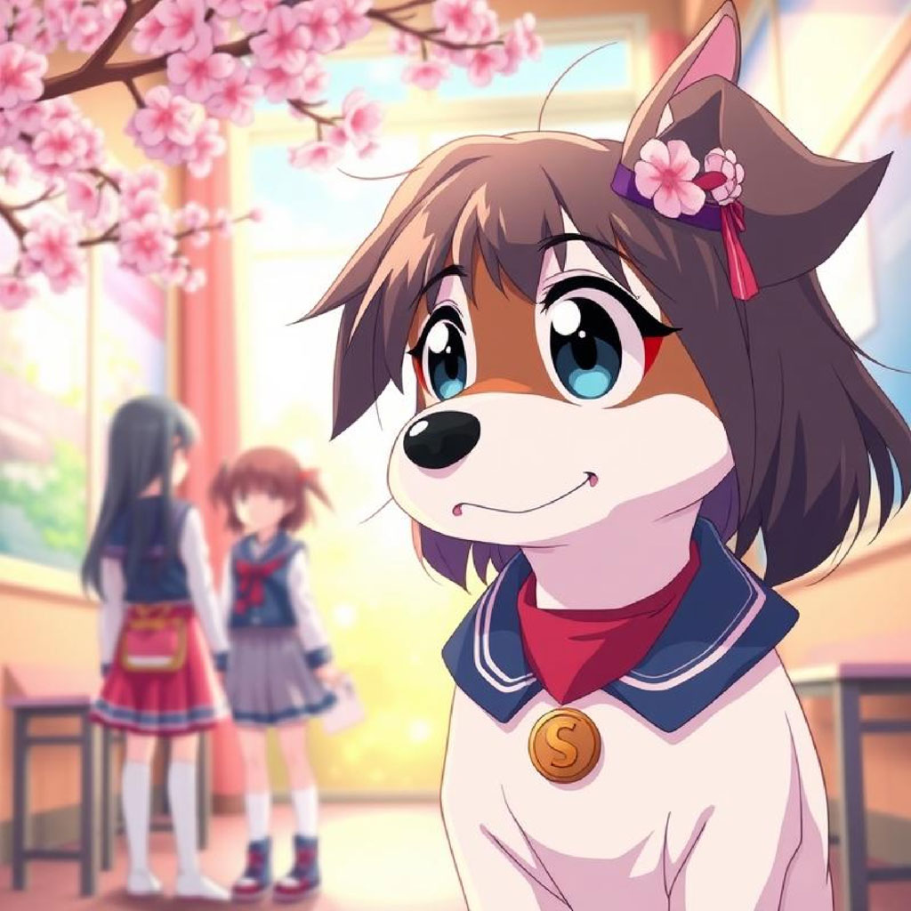 Three anime schoolgirls in sailor uniforms standing in a classroom with cherry blossoms