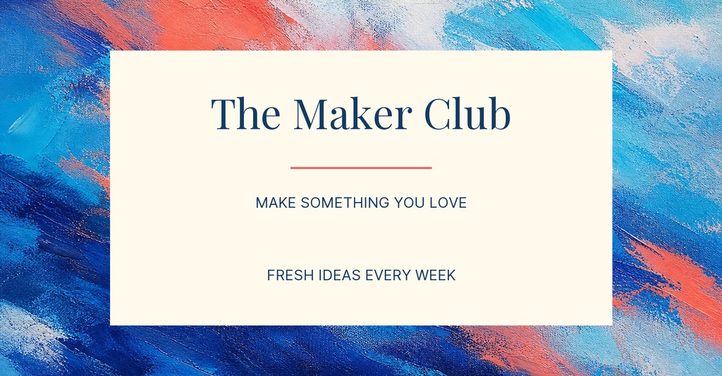 Cream banner with The Maker Club text over a blue and pink painted background