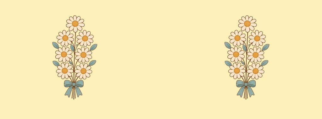 Two small floral bouquet illustrations on a pale yellow background with bows and leaves.