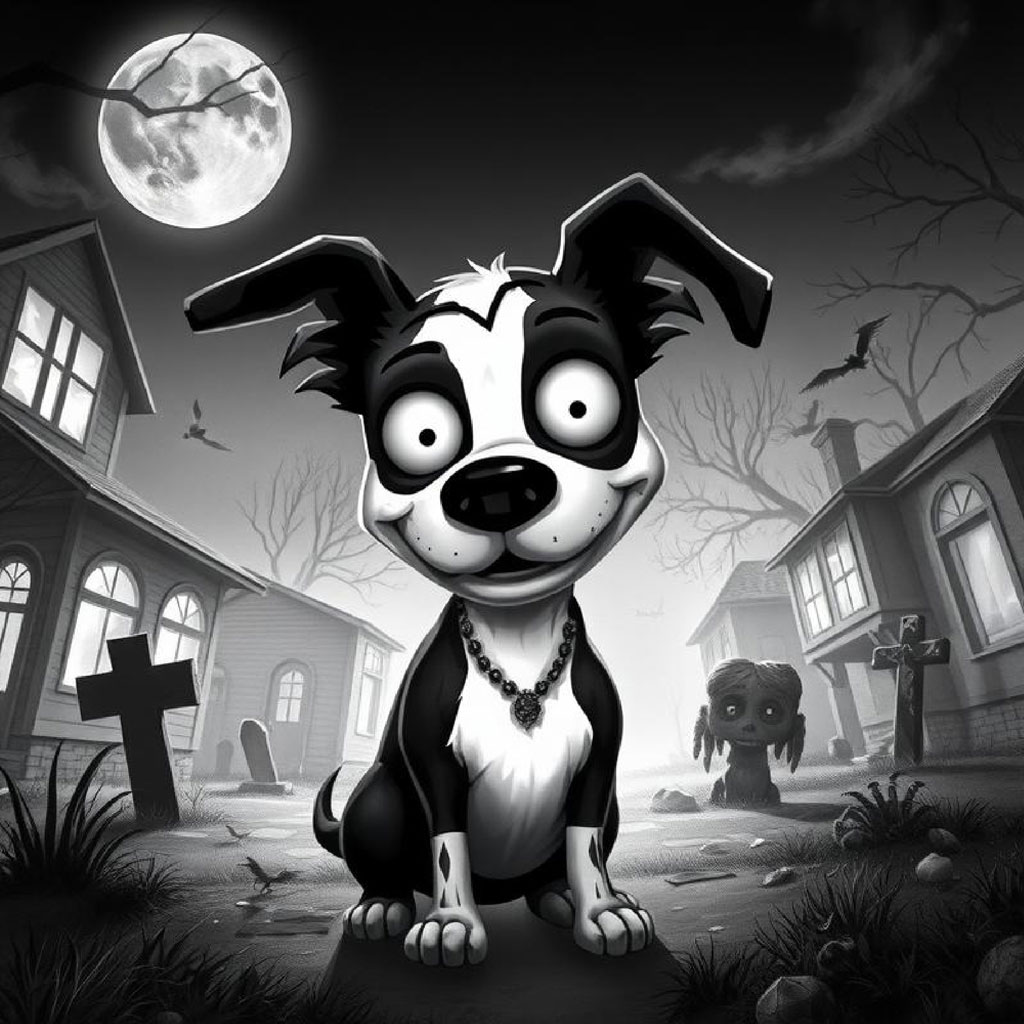 Cartoon Wednesday Addams in a dark, foggy neighborhood with a house and bare trees under a full moon