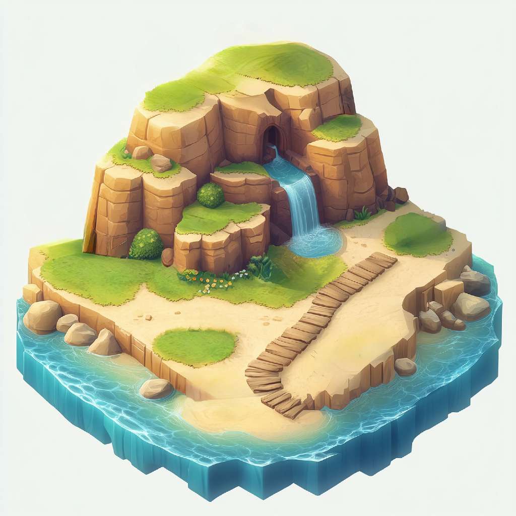 3D illustration of a peaceful island with a waterfall and wooden pathway