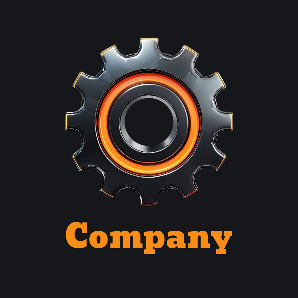Company logo with a gear and orange glow