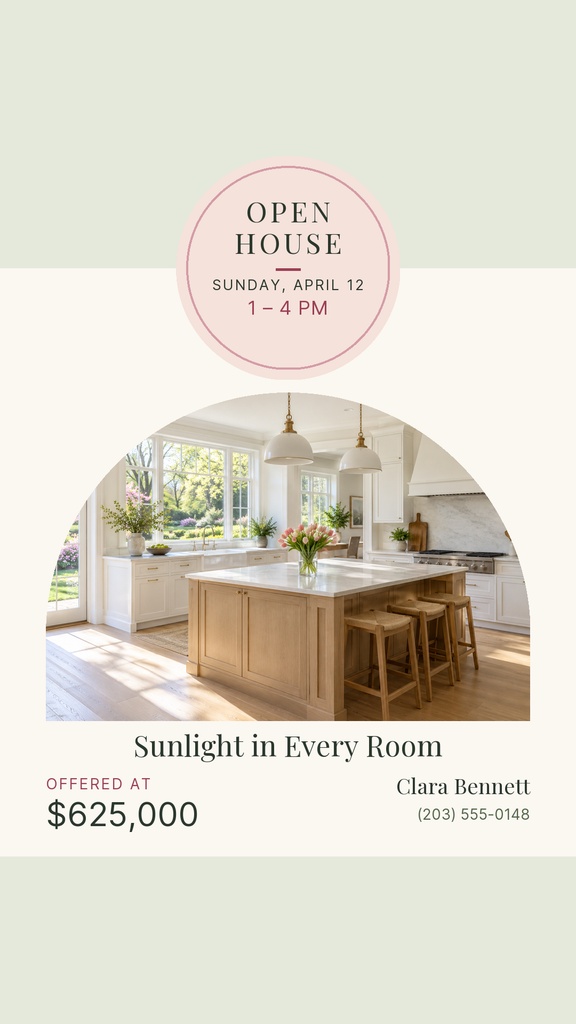 Instagram story template with open house details and a bright kitchen home photo.