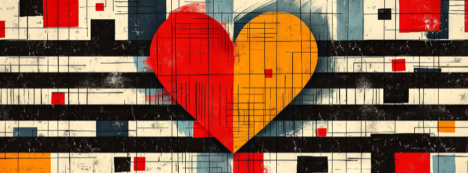 A stylized heart divided into red and orange halves on a geometric background