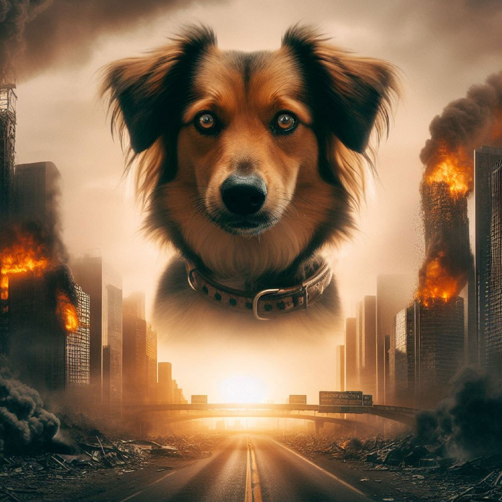 A dog's face is centered above a destroyed city with a road leading to a bright light in the distance.