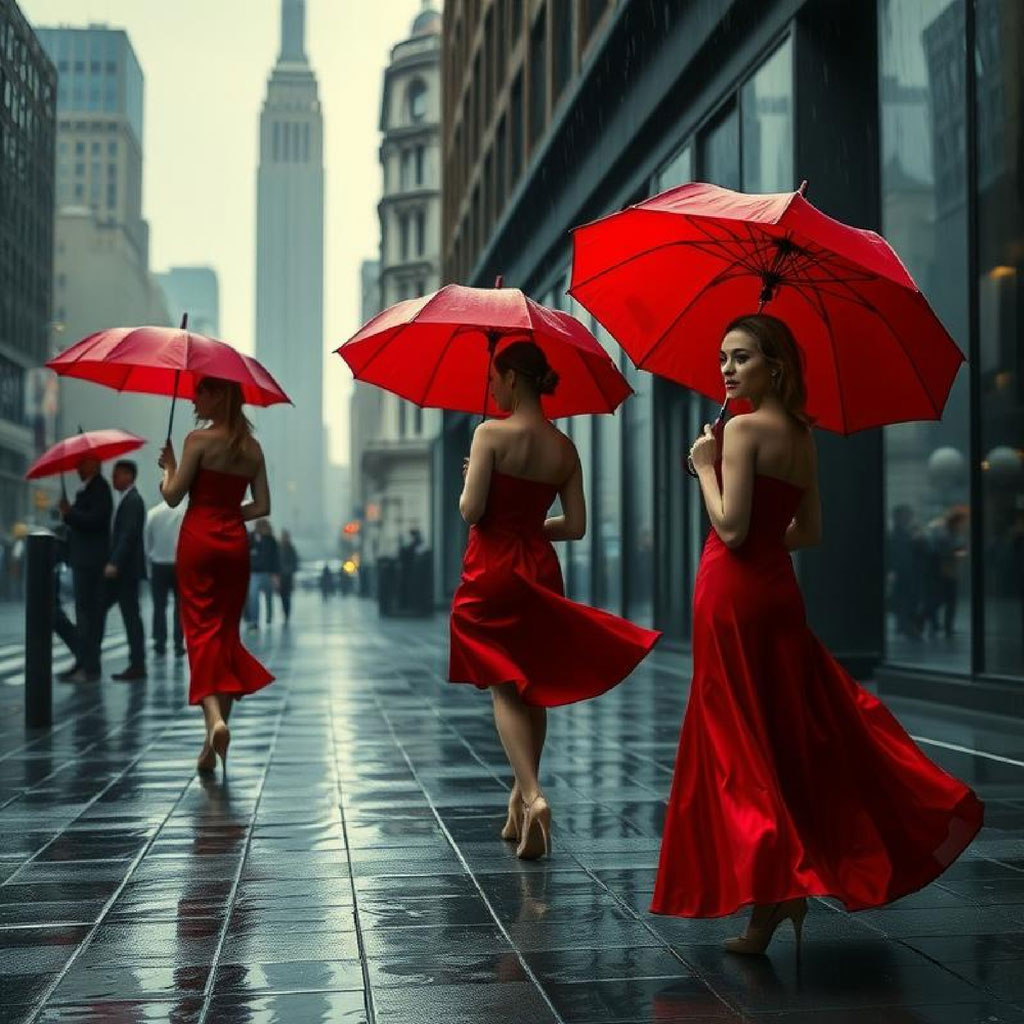 Three women in red strapless dresses walking away from the camera on a wet city street, holding red umbrellas.