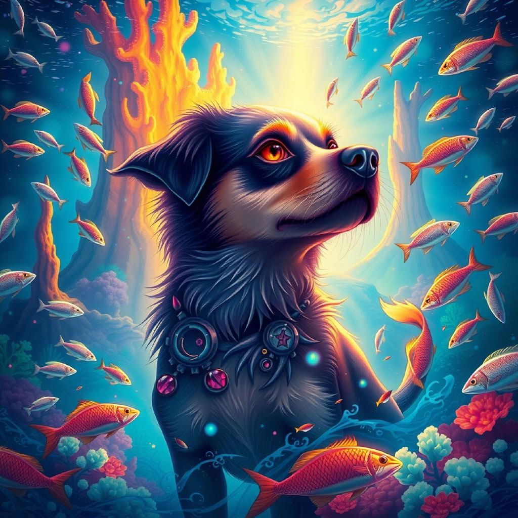 A colorful underwater coral reef with numerous fish swimming around it