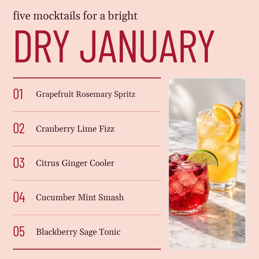 Square post with the title Dry January and five mocktail names beside two colorful drinks.