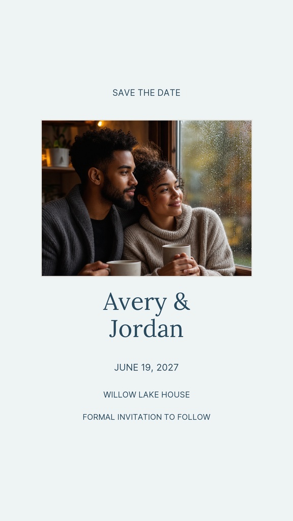 Minimal save the date story opener with a couple by a window and centered text