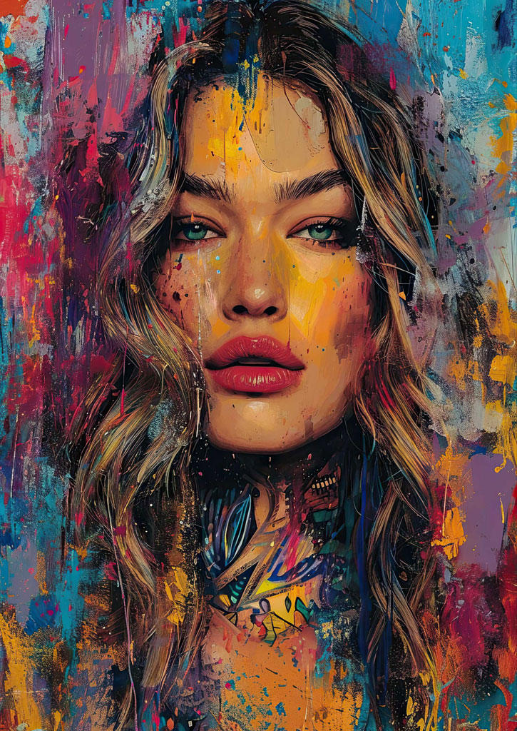 A painting of a woman with long blonde hair and blue eyes, surrounded by vibrant colors.