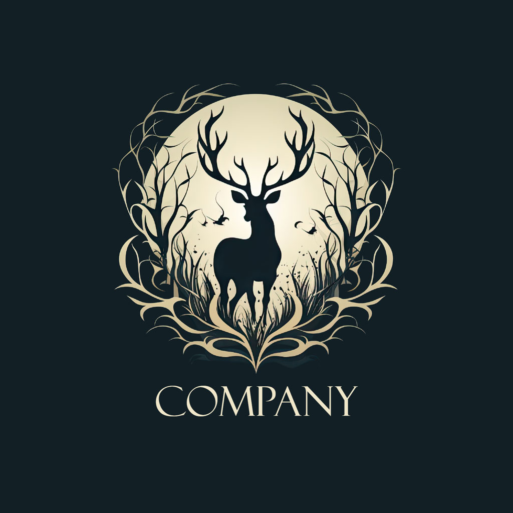Logo featuring a deer with large antlers in a forest setting