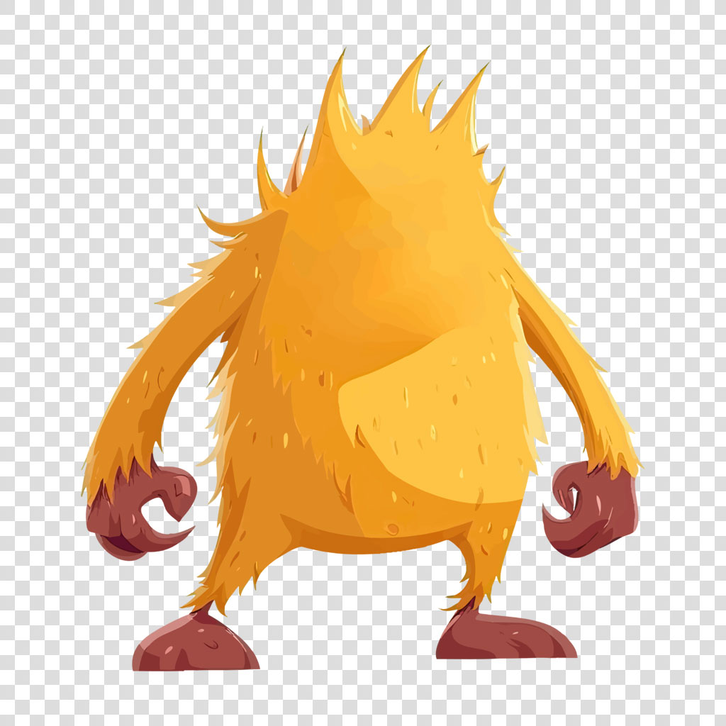 A yellow furry monster with sharp claws and spiky fur on a white background.
