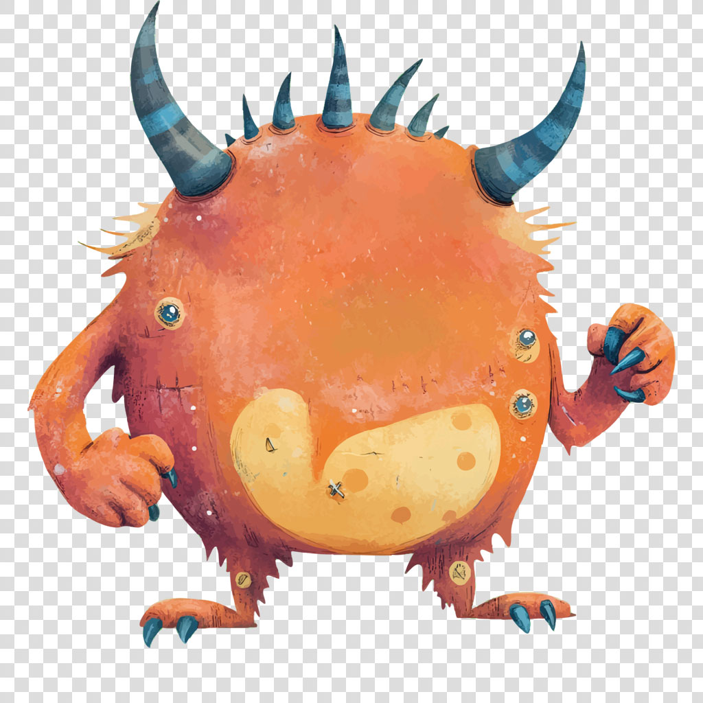 A cute, orange monster with horns and stitches