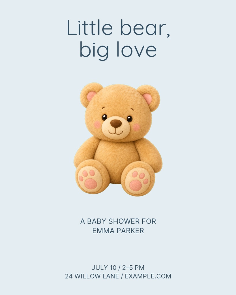 Soft blue portrait post with a teddy bear, baby shower text, and event details.