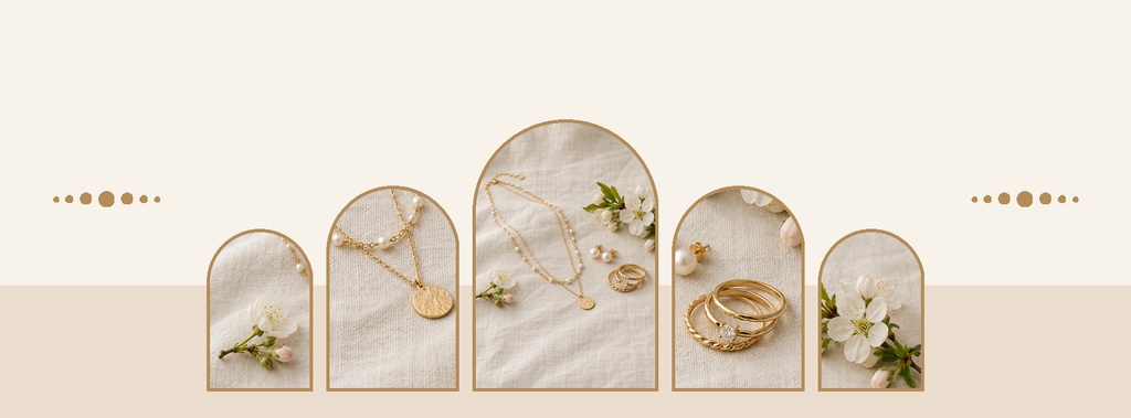 Elegant spring jewelry display with gold accessories, flowers, and arched frames on a neutral background