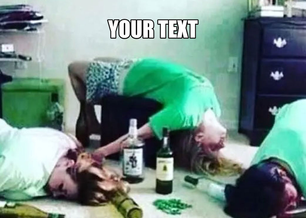 Three women lying on the floor with bottles of alcohol