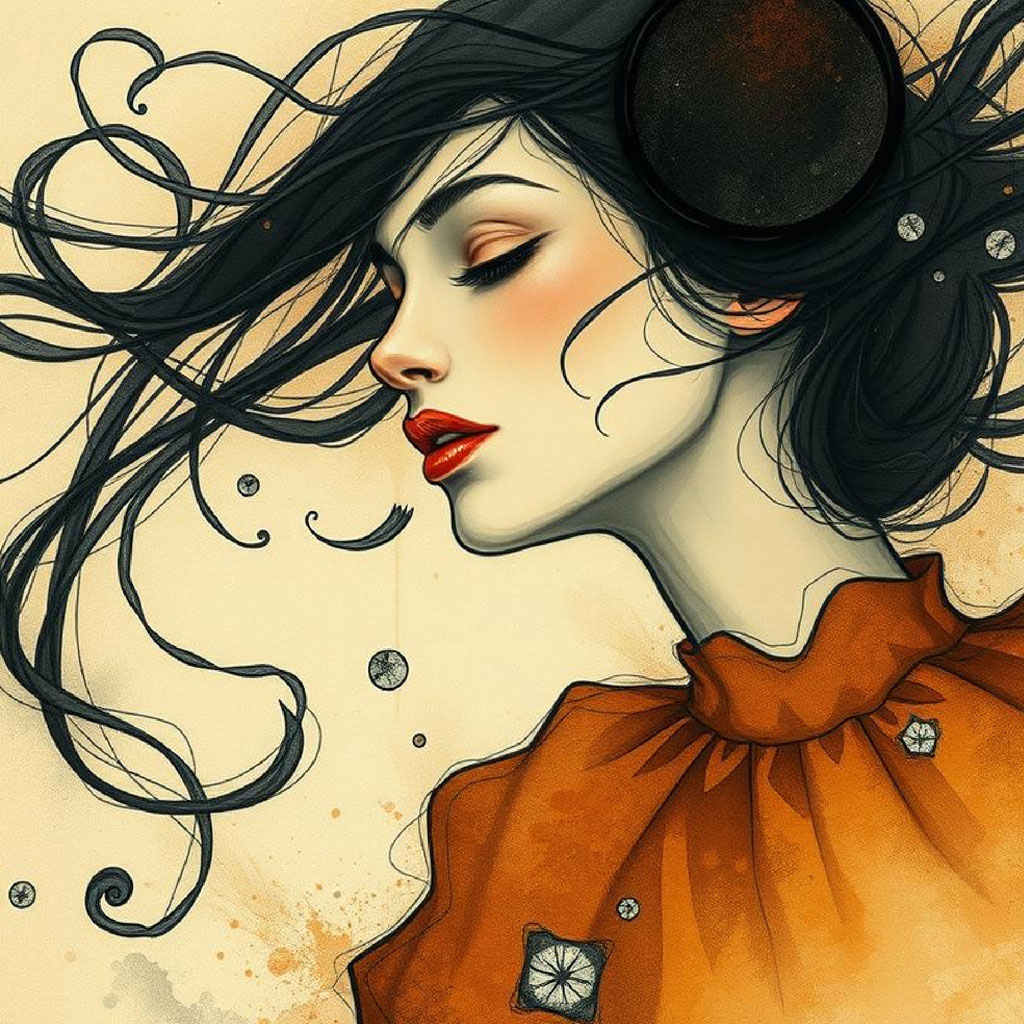 Illustration of a woman with black hair and a hat