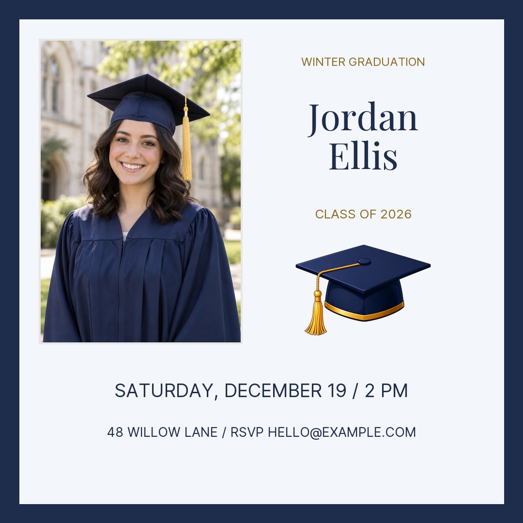 Square graduation invitation with a graduate portrait, cap graphic, and December event details.