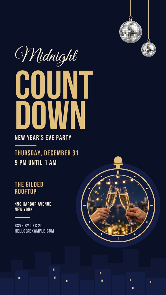 Dark navy New Year’s Eve party story with gold countdown text and hanging disco balls.