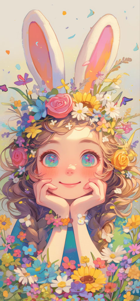 Illustration of a smiling girl with bunny ears and floral decorations