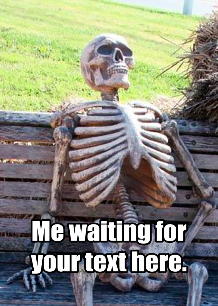 Skeleton sitting on a wooden bench with a caption about waiting for a text