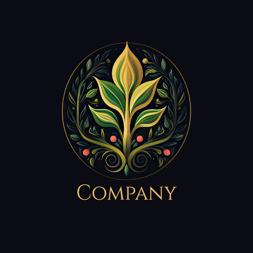 Stylized company logo with a green and yellow plant in a circular frame